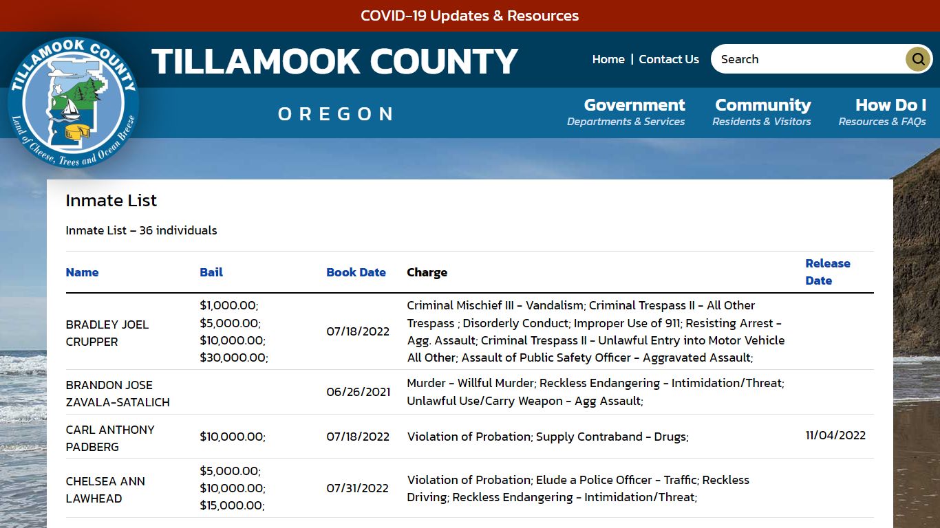 Inmate List | Tillamook County OR